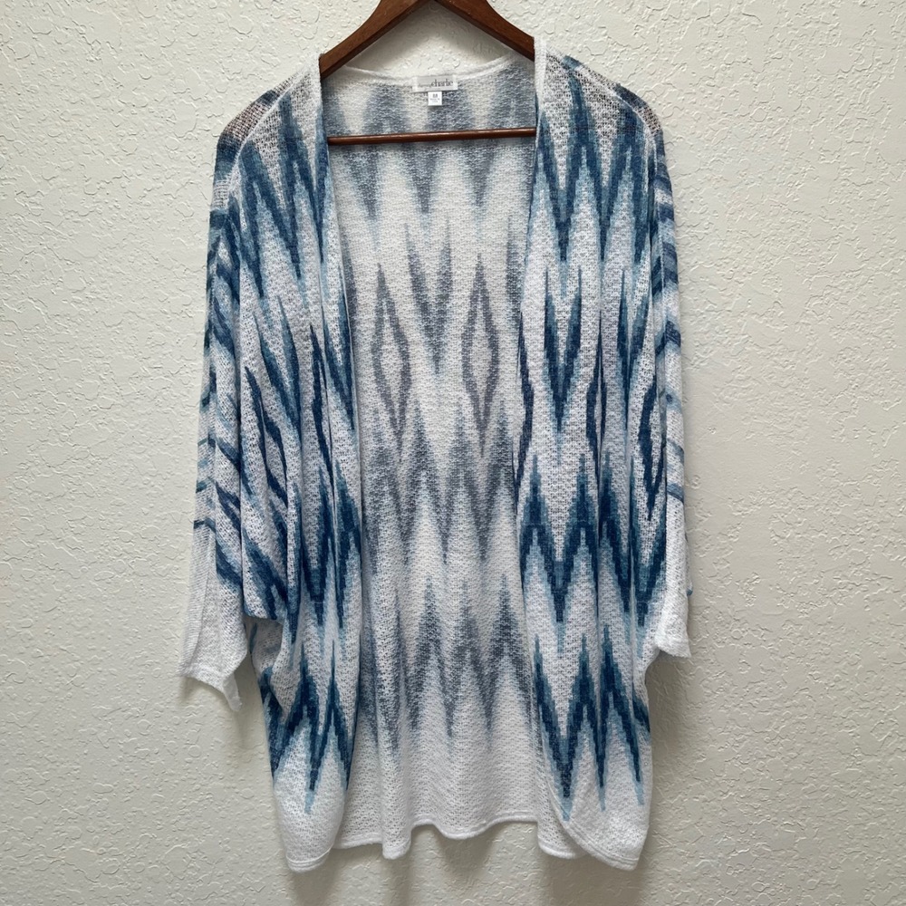 Charming Charlie Womens M Open Front‎ Kimono Cardigan Blue White Ikat Pattern